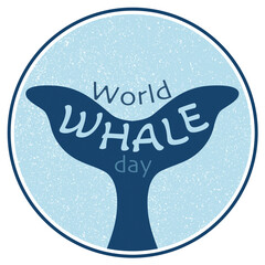 A round badge for World Whale Day. A blue whale tail in a round frame. Illustration on a transparent background © tiena