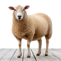 Obraz premium Fluffy sheep with thick winter wool by wooden wall on isolated white background for rustic farm design