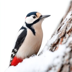 Woodpecker on snowy tree trunk isolated on white winter background