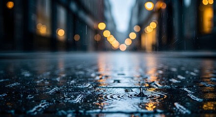Close-up of raindrops splashing on a wet city street at night, reflecting blurry bokeh lights for a rainy days concept and urban melancholy mood.