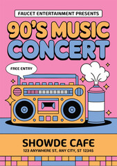Vibrant 90s music concert flyer with retro boombox and free entry