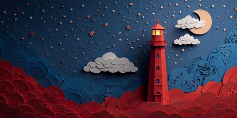 A handmade paper art scene featuring a tall brown lighthouse.