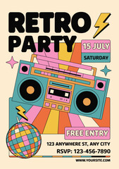Vibrant Retro Party Invitation with Disco Ball and Boombox