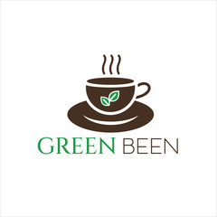 Obraz premium Green Bean coffee shop logo vector combining coffee cup and green leaf for modern, fresh, natural, organic cafe branding, beverages, restaurant, and food identity