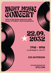 Vibrant night music concert poster with records and star