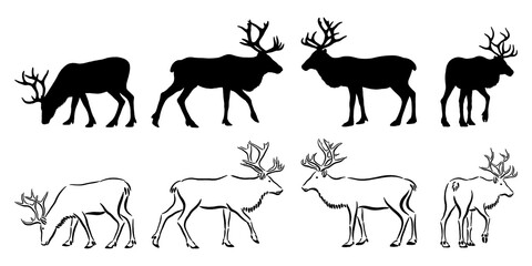 Silhouette illustrations and Sumi ink drawings of reindeers isolated on transparent background, Christmas illustrations
