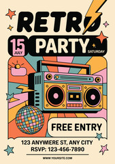 Vibrant retro party invitation with boombox and disco ball