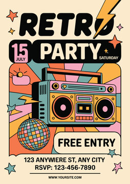 Vibrant retro party invitation with boombox and disco ball