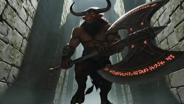 Minotaur Warrior with Giant Axe in Ancient Stone Labyrinth.