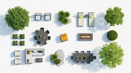 A top-down view of modern outdoor furniture pieces and landscape elements for patio design isolated on white background