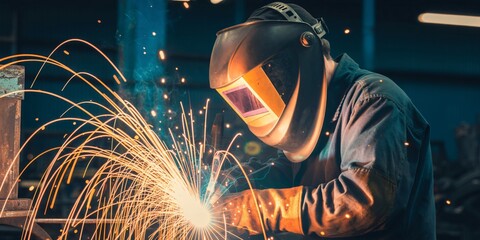  A skilled industrial worker wears a protective mask while welding metal. Bright orange sparks fly through the air, illuminating the dark workshop environment. 