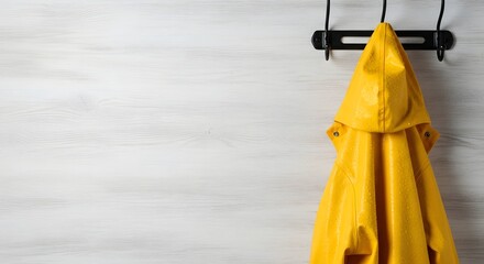 Bright yellow raincoat with water drops hanging on a hook against white wooden wall for rainy day concept and weather protection