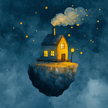 Whimsical House Drifting Through Space on a Tiny Asteroid