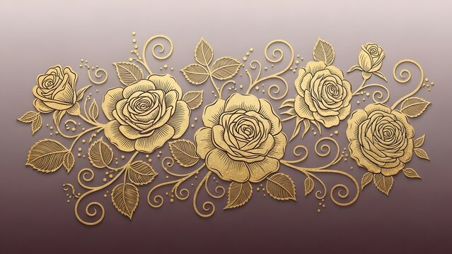 A beautiful embossed floral arrangement of golden roses and leaves on a decorative background