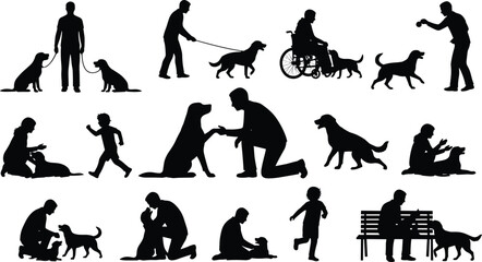 People with dogs silhouette set showing walking training playing sitting caring activities pet ownership lifestyle vector illustration isolated on white background