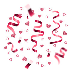 Pink Glitter Heart Confetti, Ribbon, Streamer isolated on transparent background