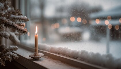 Single burning taper illuminates frosted windowsill during a snowy outdoor scene