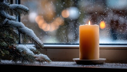 Illuminated wax cylinder rests near a snow dusted evergreen branch beside a window during a winter scene
