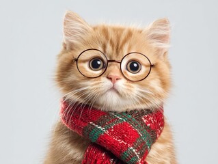 A cute cat wearing glasses and a scarf, radiating charm and intelligence.