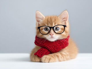 A playful orange cat wearing glasses and a cozy red scarf, looking adorable and curious.