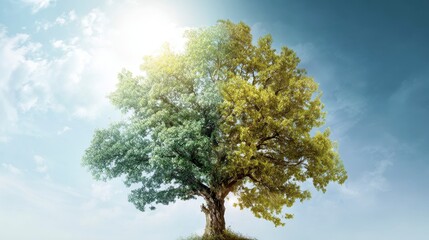 Obraz premium A split view of a flourishing tree against a cloudy, bright sky, representing change or duality