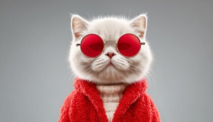 A stylish white cat wearing red sunglasses and a fashionable red coat.
