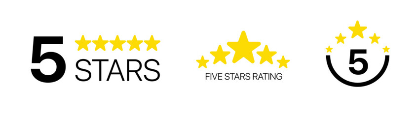 Golden Five stars logo template set. 5 star rating emblems set

