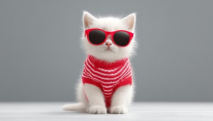 A stylish cat wearing sunglasses and a red striped sweater, exuding cool vibes.