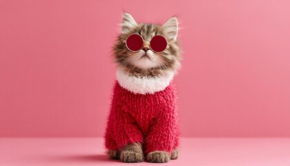 A stylish cat wearing sunglasses and a cozy sweater against a pink background.