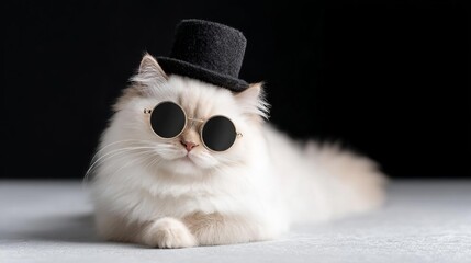 A stylish white cat wearing sunglasses and a top hat, exuding charm and elegance.
