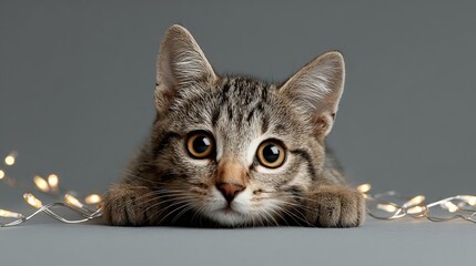 A curious cat peeking with wide eyes, surrounded by twinkling lights.
