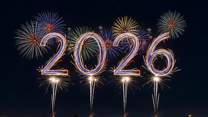 Colorful fireworks forming 2026 text in night sky
