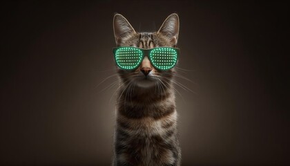 A stylish cat wearing green glasses against a dark background, showcasing its personality.