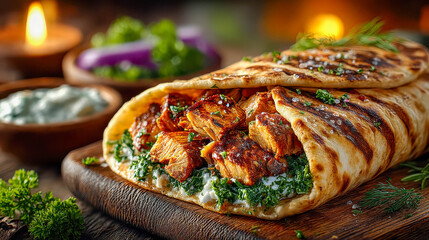 The grilled flatbread is wrapped around seasoned, chicken and fresh herbs. Creamy sauce and lettuce leaves are in the background