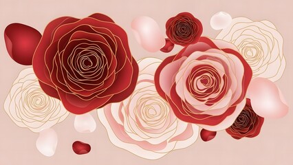 An elegant background arrangement featuring stylized red and white roses with gold accents
