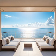 Fototapeta premium Luxury Balcony With Ocean View Under Bright Sunny Sky