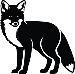 Black and white fox vector illustration isolated on white background depicting a clever wild animal in minimalist line art style for logos icons and tattoos.