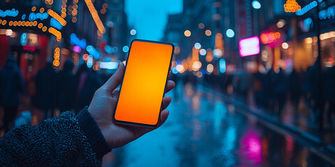 Hand holding smartphone in busy city street during evening Generative AI