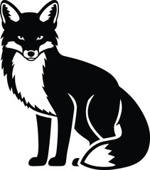 Sitting fox silhouette vector illustration of a wild forest animal mascot with white chest and tail detail isolated on white background for logo and tattoo design.