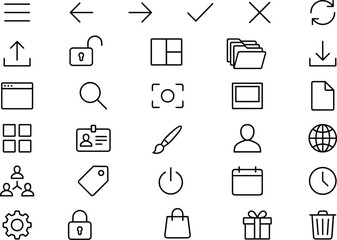 Minimal line user interface icons set for web, app, navigation, system controls, outline symbols collection, modern ui ux design elements