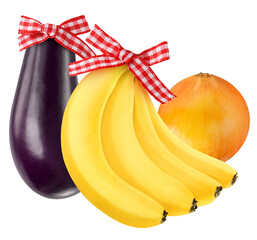 whimsical still life photograph of an eggplant, a bunch of bananas, and an onion tied with red and white gingham ribbon, evoking a playful mood