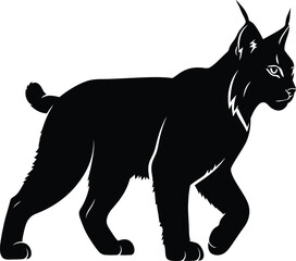 Walking lynx silhouette vector illustration of a wild bobcat predator for logo design or nature hunting mascot isolated on a white background in black style.