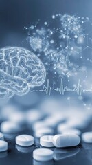 Medical pills, brain, science graphic and abstract background.
