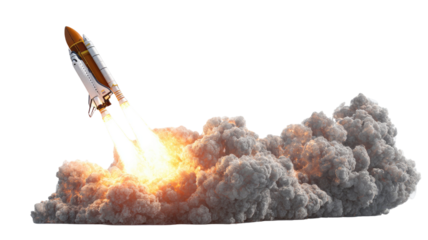 powerful space rocket launching with burning flames and thick smoke rising during liftoff on white background