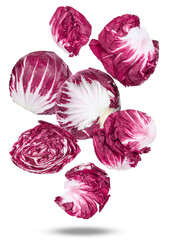 high angle photograph of fresh, vibrant radicchio heads and cut halves on a dark background, perfect for illustrating healthy eating habits and diets.
