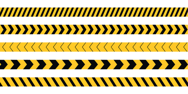 Caution Tape Borders Set with Black and Yellow Chevron Stripes Vector Flat Illustration for Warning Construction Zones and Danger Signs