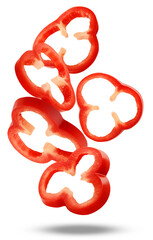 vibrant photograph of sliced red bell peppers, creating an abstract composition against a stark transparent background, emphasizing freshness and culinary appeal.