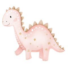 Cute pastel baby dinosaur watercolor illustration with stars for kids nursery art