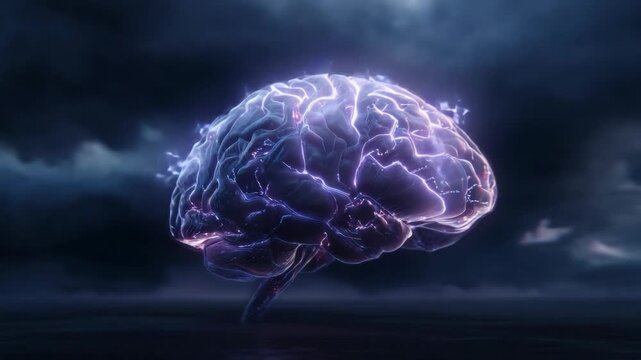 Glowing human brain with electric neural energy pulses, digital style, on a dark stormy background. Concept of intelligence and power