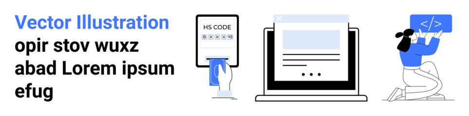 Naklejka premium Automation, programming interfaces, applications, technology, e-learning, coding tutorials. Display includes barcode scanning, a form interface on a laptop and a coding session. Automation